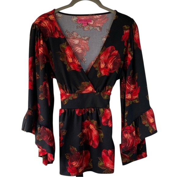 Vintage Betsey Johnson Red Black Floral Bell Sleeve Wrap Whimsigoth Blouse SZ S - Picture 1 of 10